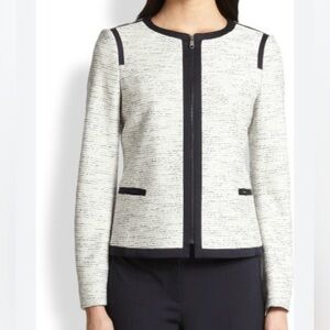 HUGO BOSS Women Tweed Ivory Navy Full Zip Blazer Jacket 12 Luxury Career Classic